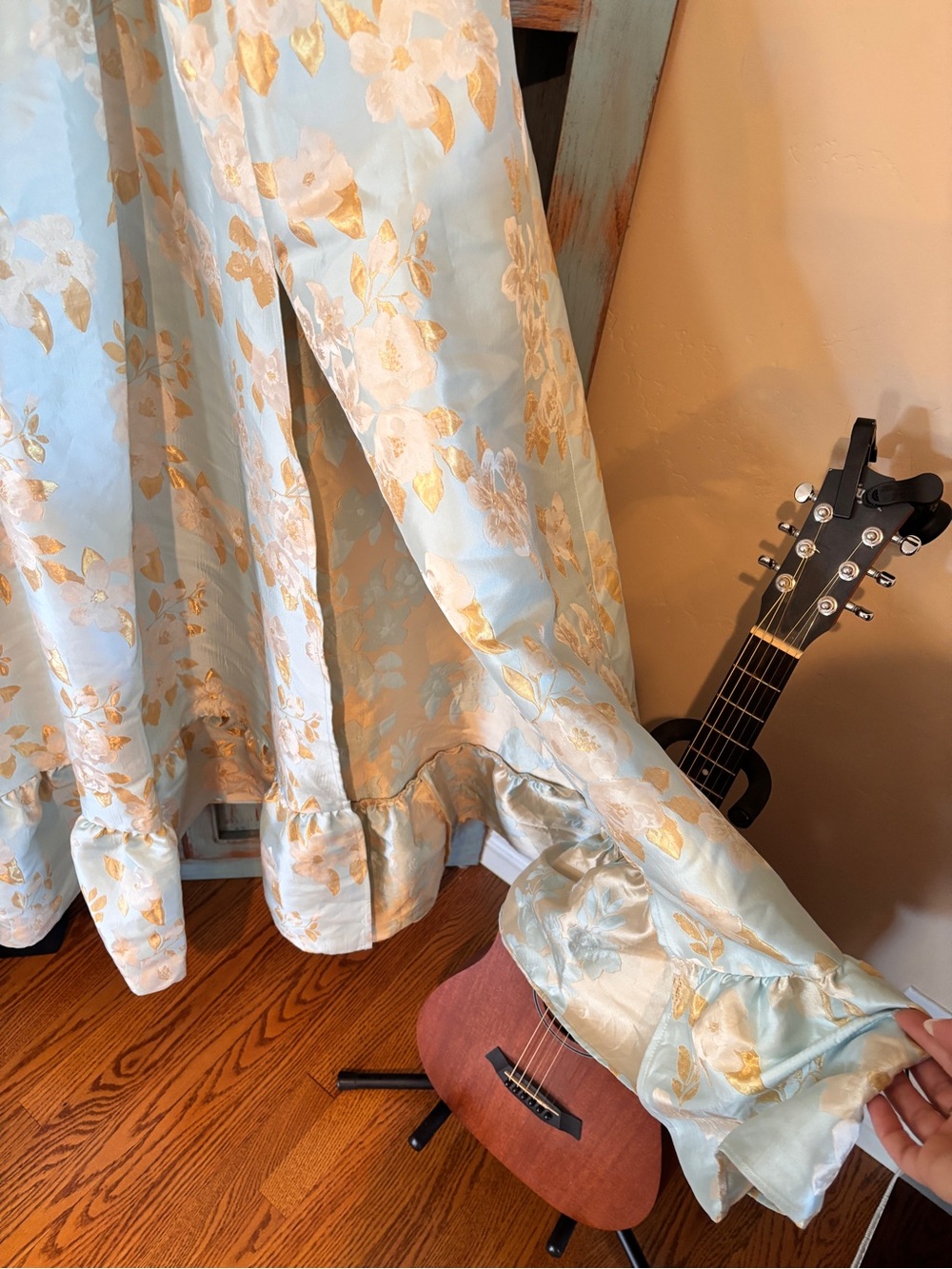 Strapless Light Blue & Gold Floral Sweetheart Maxi Dress - Picture 14 of 16